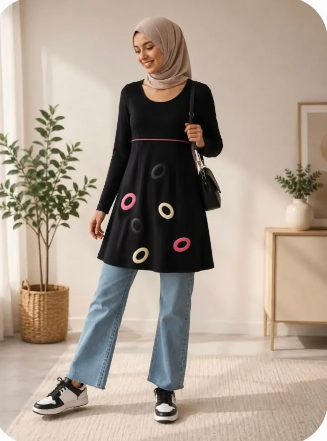 Tunique noire à motifs graphiques colorés – PIÙ & PIÙ