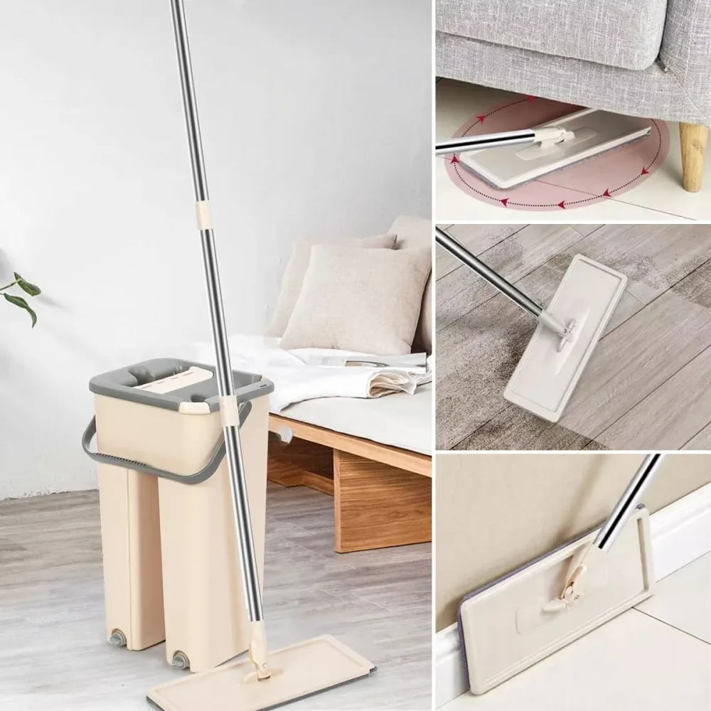 Balai-serpillère plat avec seau à deux compartiments et lingettes en microfibre - ممسحة مايكروفيبر مع دلو بغرفتين للفصل بين الماء النظيف