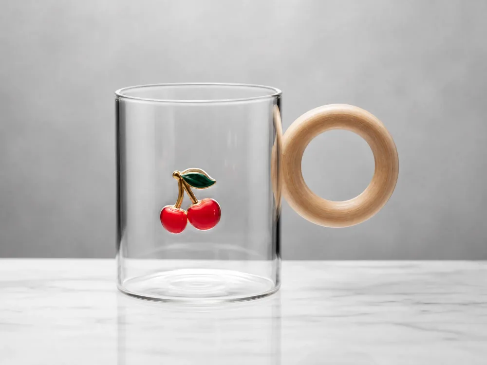 DESCREPTION  🍒 Verres en Verre Transparent avec Anse en Bois - Motif Cerises