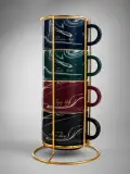 Set de 4 Tasses à Café en Céramique avec Support Doré