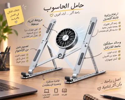 حامل الحاسوب القابل للطي مع مروحة تبريد + هدية مجانية 🎁