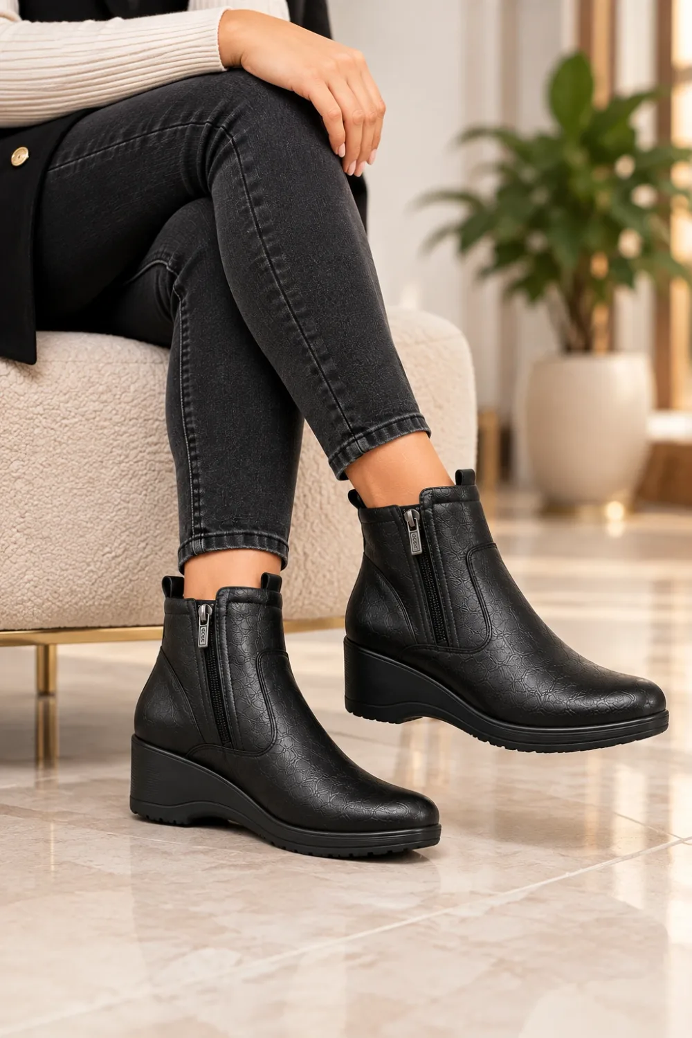 ECCO – Bottines Femme en Cuir Noir à Semelle Compensée