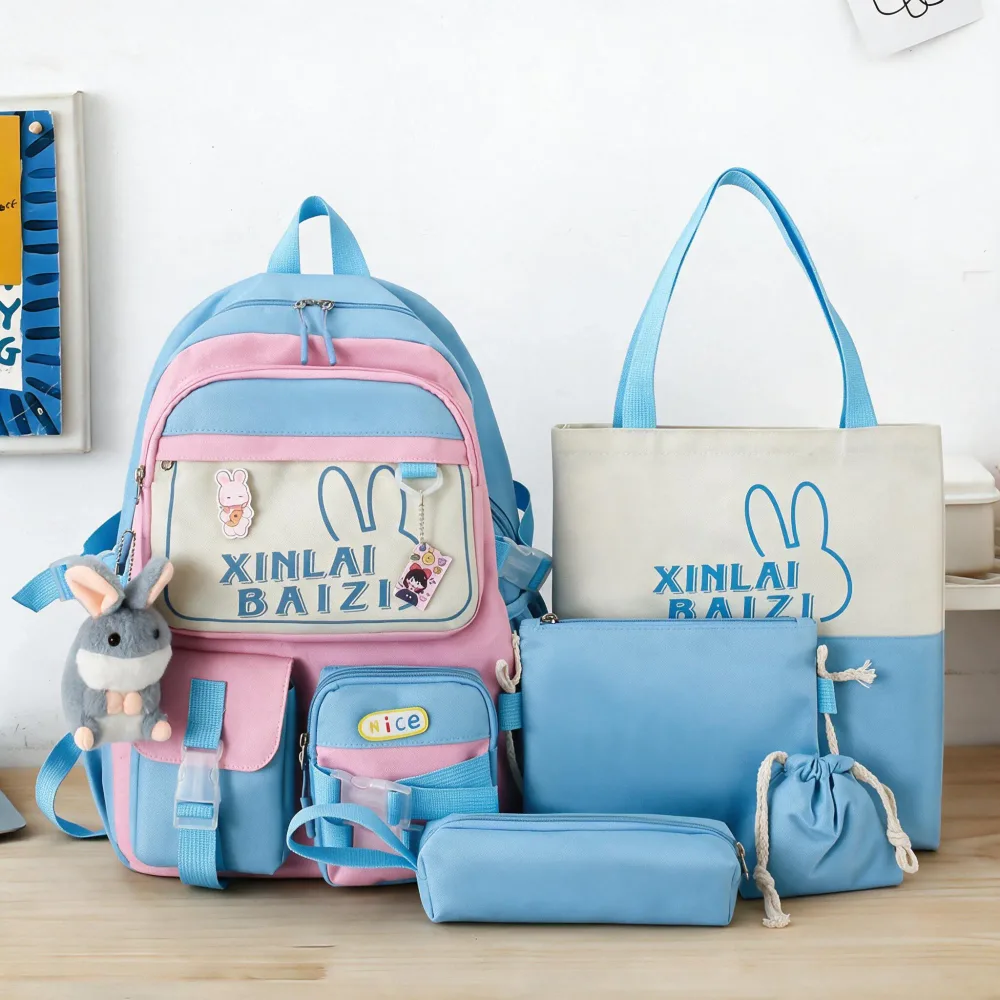 Sac à Dos Multifonctionnel Kawaii Grand Volume Imperméable et Résistant 5Pcs Noir et Gris SACKDS29NGR - حقيبة ظهر بعدة قطع بتصميم كاوايي