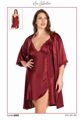 Nuisette satin bordeaux dentelle avec kimono