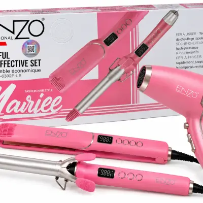 Enzo Professional 3 en 1 – Ensemble coiffure rose (Sèche-cheveux, Lisseur et Boucleur)