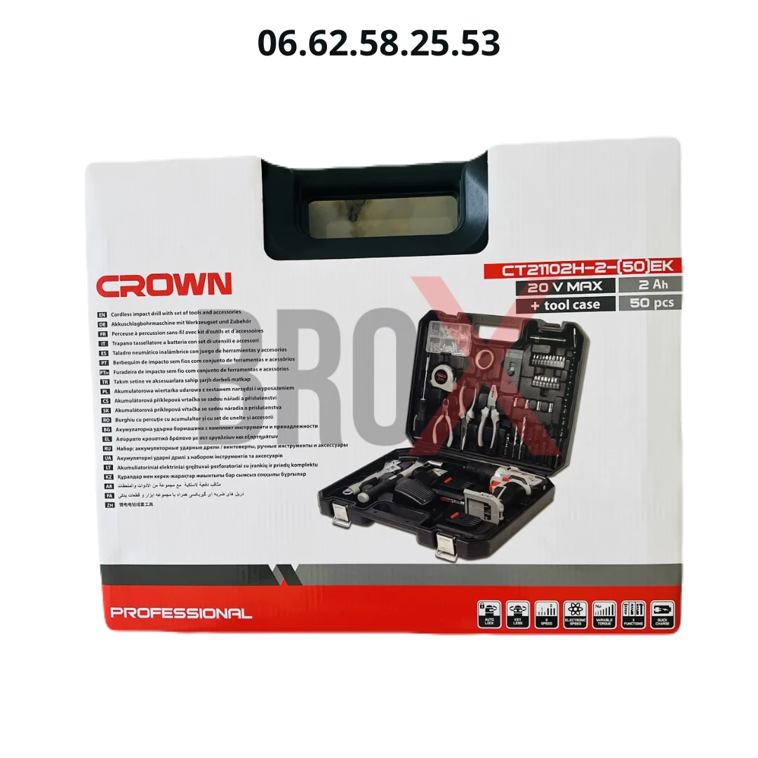 Back to products Visseuse Perceuse à Percussion Sans Fil 2 Batteries 20v 2Ah avec Kit d’outils et d’accessoires50 Pcs CROWN CT21102H-2-(50) EK
