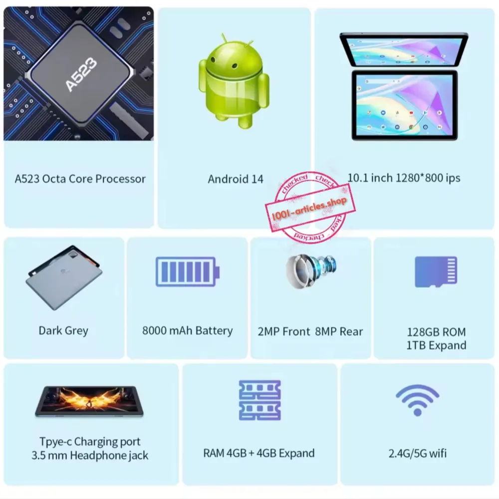 Tablette PRITOM TAB 11, 10.1 pouces, Android 14, 08 Go/128 Go, 8000 mAh, Wifi