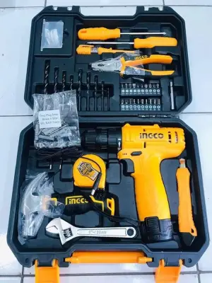 مجموعة أدوات إنجكو مع مثقاب ليثيوم أيون لاسلكي 12V و89 قطعة أداة.