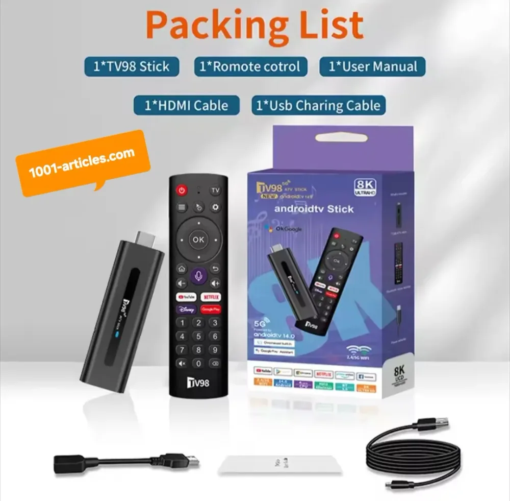 Smart StickTv, TV98 ATV, 5G, Android 14, 8K - Mini Clé TV, Google Tv, UltraHD.