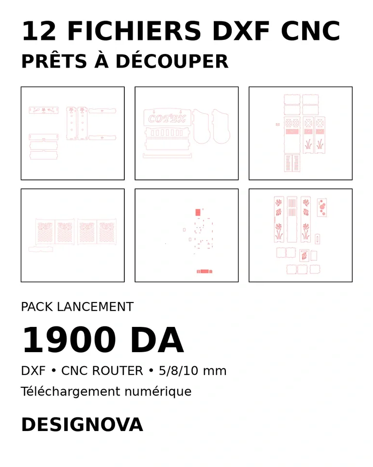 Pack CNC Business Starter DZ — 12 fichiers DXF — 1900 DA