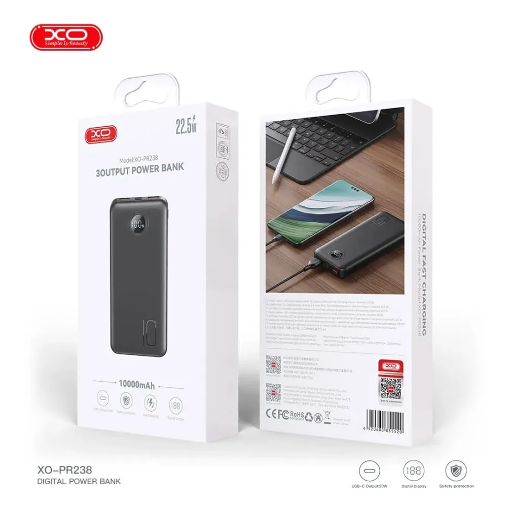 باور بنك XO PR238 الذكي: سعة 10,000mAh وشحن سريع بقوة 22.5W مع شاشة رقمية دقيقة