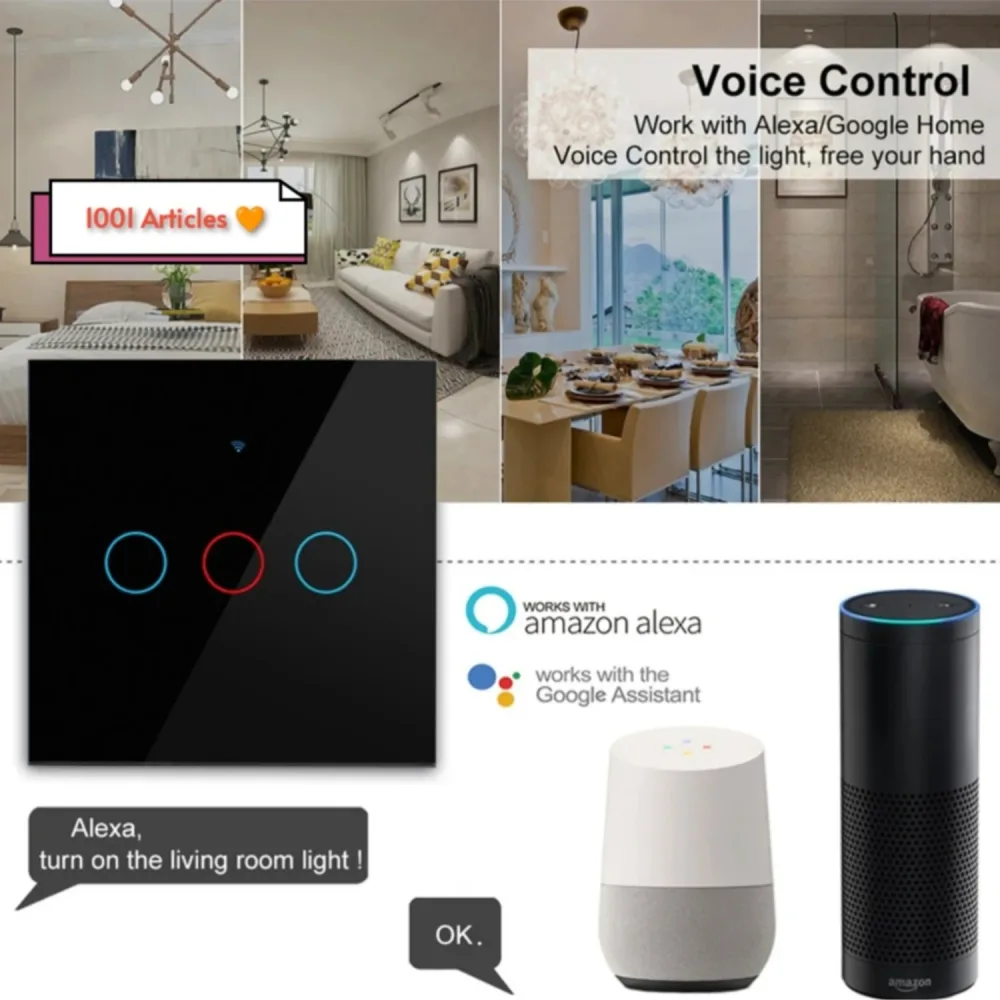 Interrupteur Tactile intelligent Wifi Tuya Smart, sans ou avec Neutre