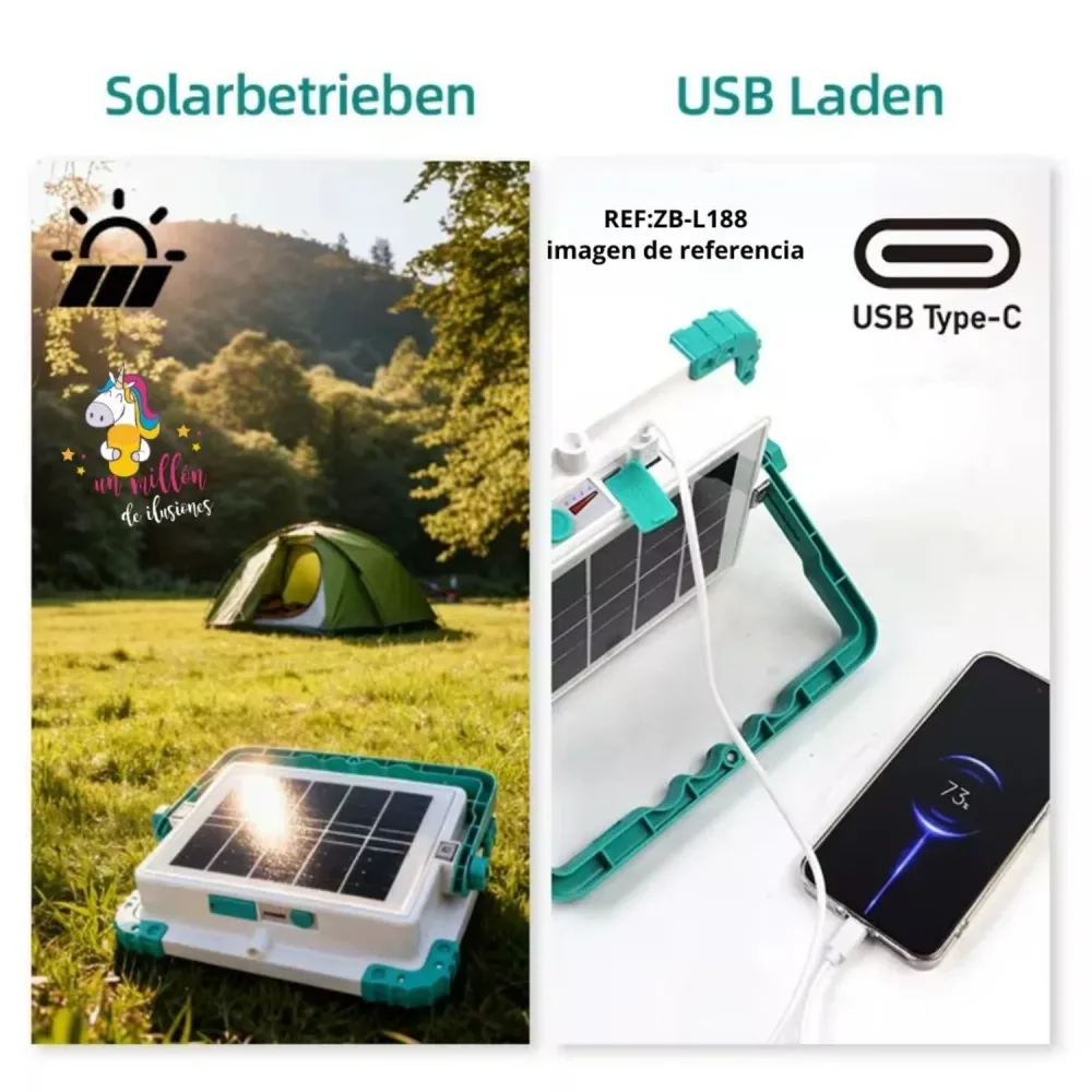 مصباح LED شمسي محمول 100 واط، معيار IP66، قابل لإعادة الشحن عبر USB – ZB-L188، 4500 مللي أمبير في الساعة، 850 لومن