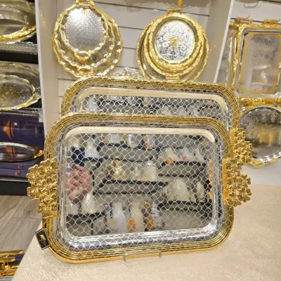 Plateau de Service Carré Prestige – Collection Art | Résille Argentée & Or
