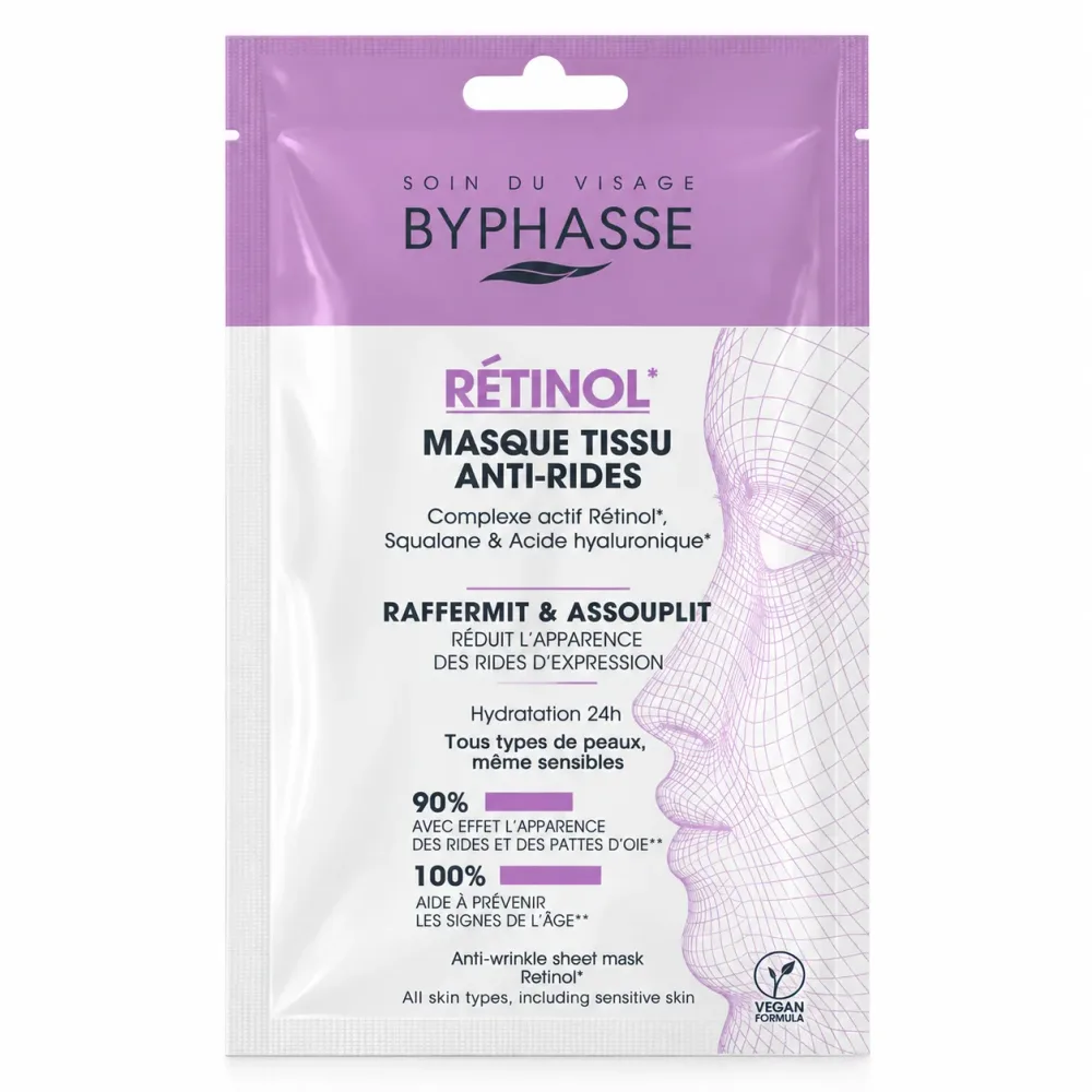 BYPHASSE Masque Tissu Visage – Niacinamide, Vitamine C, Acide Hyaluronique, Rétinol 18ml