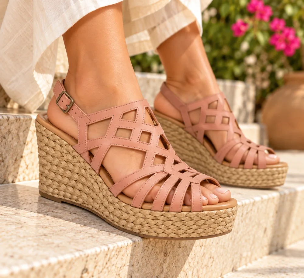 Sandales Femme Venturini Milano en Cuir Rose Poudré – Compensées