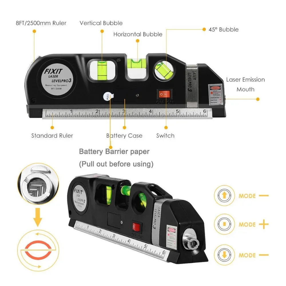 Niveau Laser 4en1 Fixit Level pro 3 Outil de musure Polyvalent Ruban De 8 Pieds