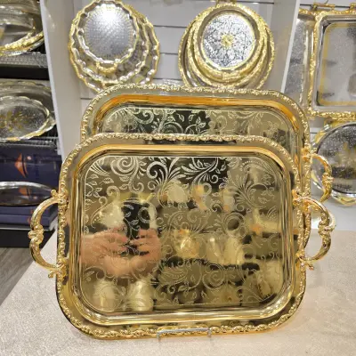 Plateau de Service Carré Baroque – Collection Art | Gravure Florale Or Pur