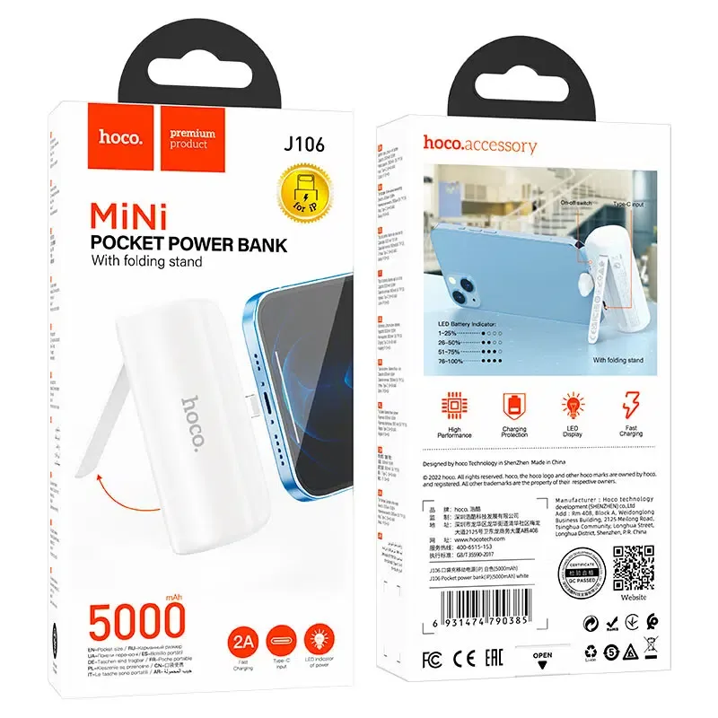 Power Bank J106 Pocket 5000mAh – Lightning & Type-C, Support Téléphone Intégré