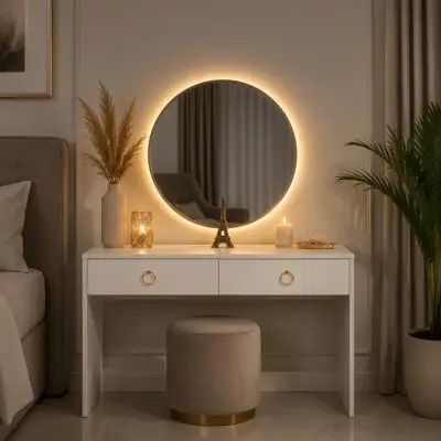 👆 كوافوز عصري ( 80×30 سنتم )مع مرآة LED مضيئة (65×65 سنتم ) ✨️🪞 | أناقة وترتيب في قطعة واحدة ✨️.