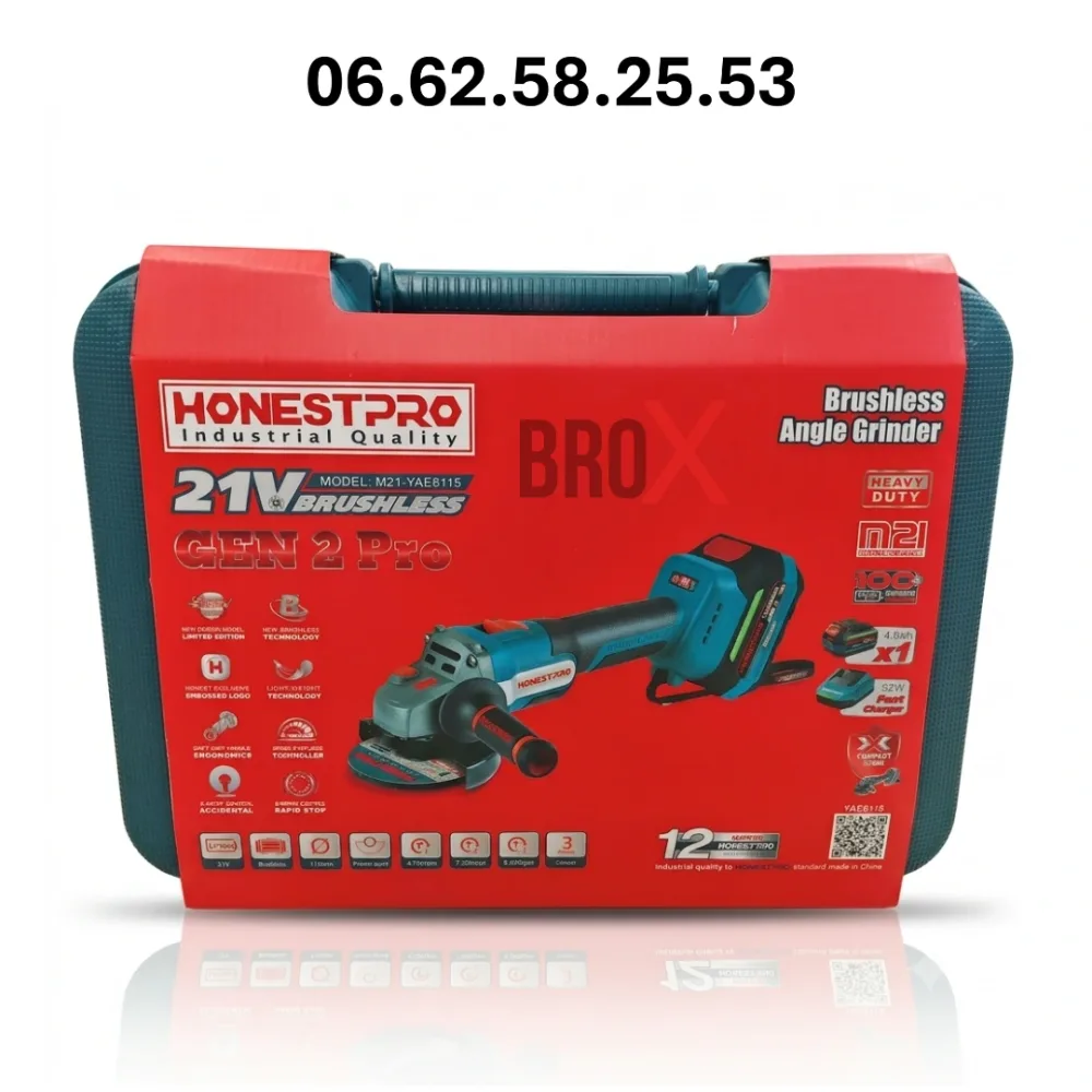 Meuleuse d’angle sans-fil brushless 21v HONESTPRO YAE6115
