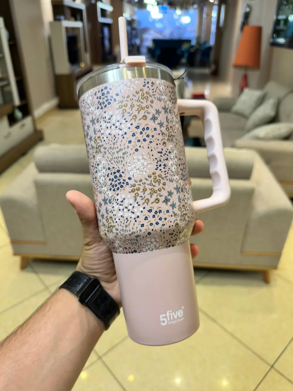 🌸 Tumbler Isotherme à Poignée & Paille – 5Five Simply Smart