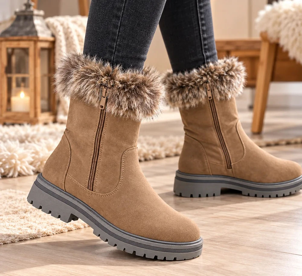 Bottines d’Hiver Femme City Line – Bordure Fourrure, Fermeture Zippée & Semelle Crantée