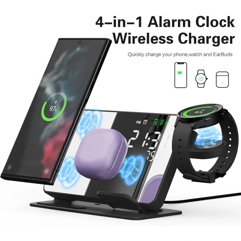 Chargeur sans fil 4 en 1 et station de charge ultra rapide avec Miroir Réveil integré