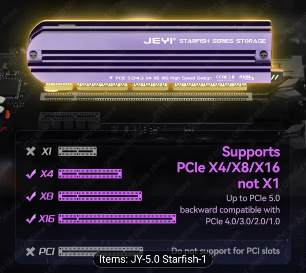 JEYI M.2 NVMe to PCle 5.0 Expansion Card PCle X4/X8/X16 Card 128Gbps Backward Compatible with PCle 4.0/3.0 for Win/Linux/Moc Os
