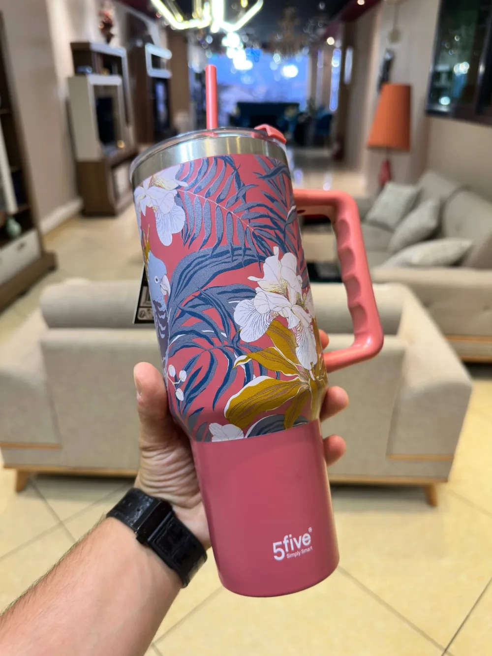 🌸 Tumbler Isotherme à Poignée & Paille – 5Five Simply Smart
