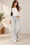 Jean Femme Bershka – Denim Gris Clair Délavé – Coupe Large – Taille 40