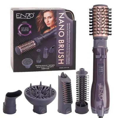 مجموعة فرشاة تصفيف الشعر ENZO EN-4136 الجديدة 5 في 1، تتضمن مشطًا دوارًا أوتوماتيكيًا لتمليس الشعر المجعد، ومجفف شعر، ومجفف شعر، وفرشاة، وأداة تكثيف الشعر بخطوة واحدة.
