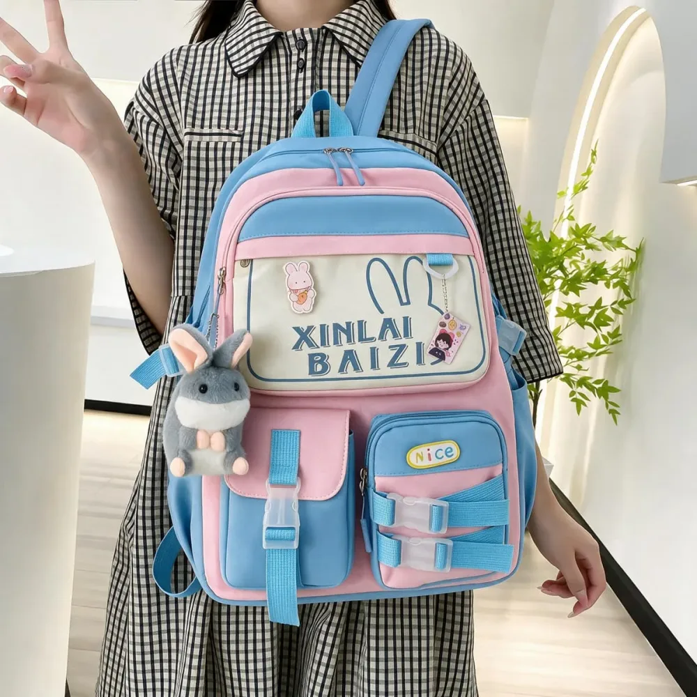 Sac à Dos Multifonctionnel Kawaii Grand Volume Imperméable et Résistant 5Pcs Bleu et Rose SACKDS29BRS - حقيبة ظهر بعدة قطع بتصميم كاوايي