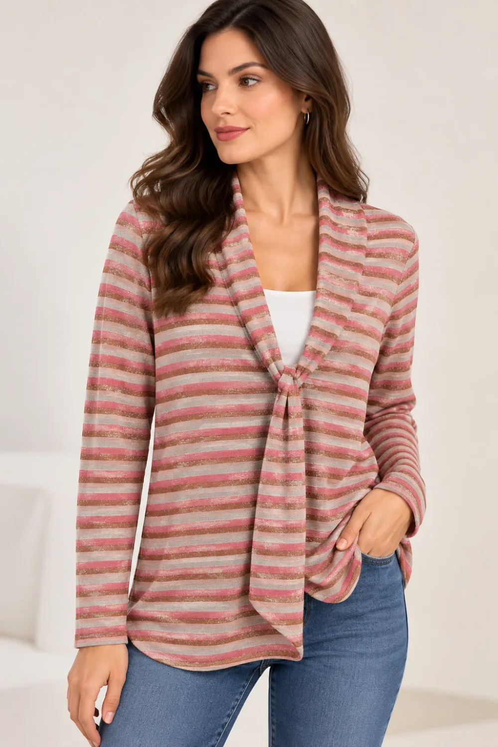 Camomilla Italia – Gilet rayé à nouer rose et beige