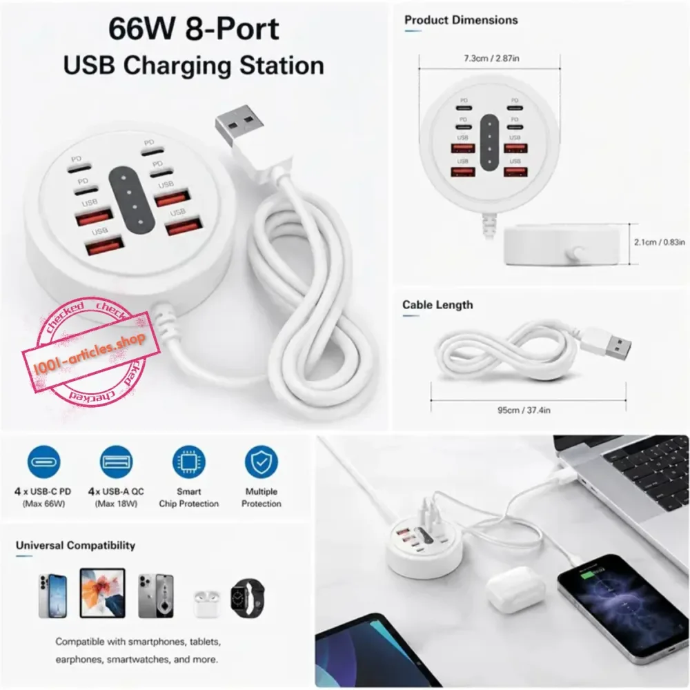 Prise multiport - Hub d'alimentation 08 en 01 - Fast Charge PD 66w et QC 3.0