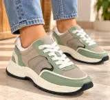 Sneakers Femme Zara Vert Sauge et Beige à Lacets – Semelle Blanche
