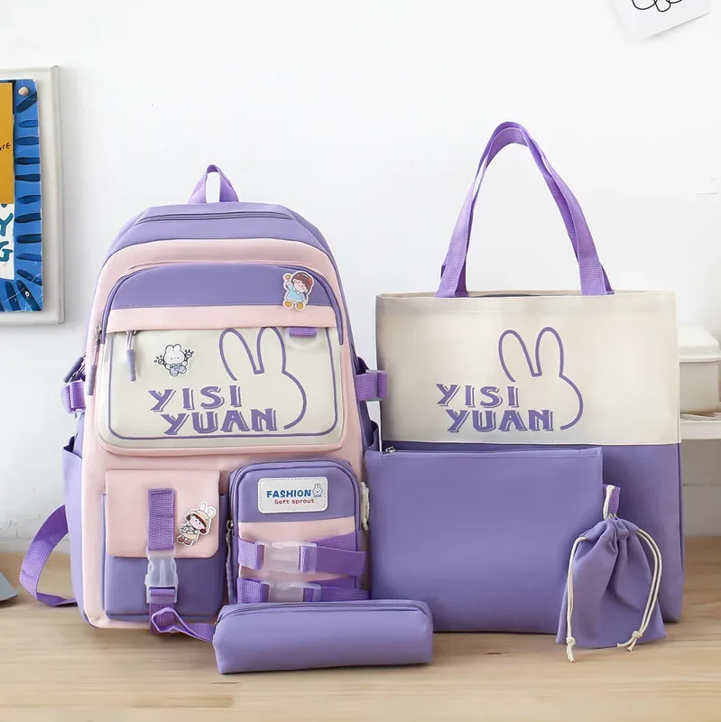 Sac à Dos Multifonctionnel Kawaii Grand Volume Imperméable et Résistant 5Pcs Noir et Gris SACKDS29NGR - حقيبة ظهر بعدة قطع بتصميم كاوايي