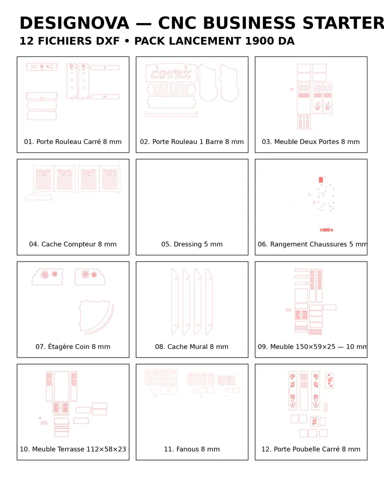 Pack CNC Business Starter – 12 ملفات DXF جاهزة للقص