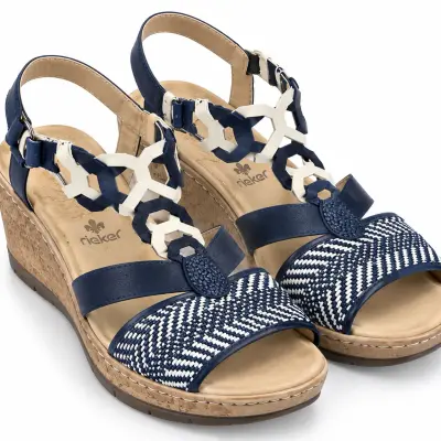 Rieker – Sandales compensées femme bleu marine & blanc