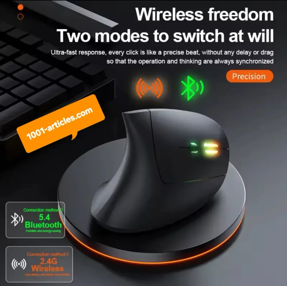 Souris verticale sans fil Bluetooth et RF 2.4GHz, Rechargeable, Ergonomique.