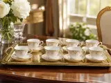 ☕ Service à Café/Thé en Porcelaine 24 Pièces - Collection Dorée Élégance