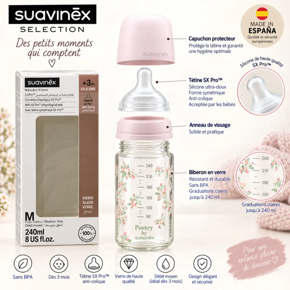 Suavinex Selection S.X Pro™ – Biberon en verre 240 ml