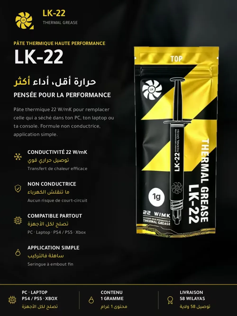 Pate Thermique LK-22 1g 22 W/mK - CPU GPU PS4 PS5 Xbox