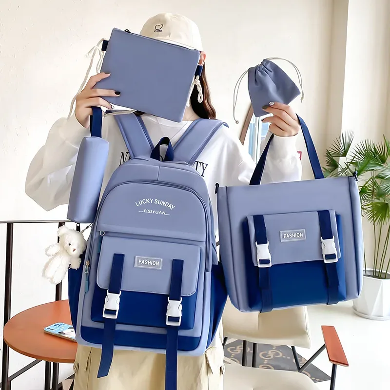 Ensemble de sacs d’école Kawai pour adolescents 5Pcs YISIYUAN Bleu – محفظة 5 قطع كاواي أزرق