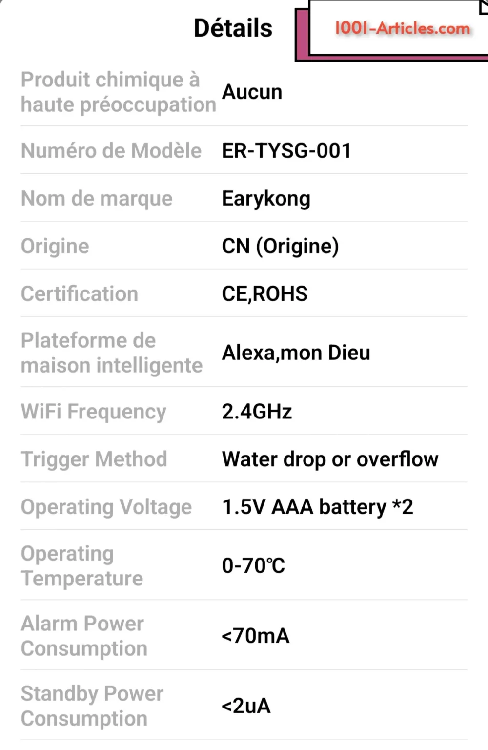 Détecteur de fuite d'eau Water drop Or Overflow- Tuya Smart - WiFi