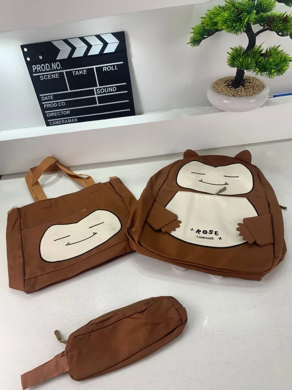 Ensemble de Sacs Snorlax 3Pcs Design Kawaii Marron – حقيبة مدرسية 3 قطع لون بني