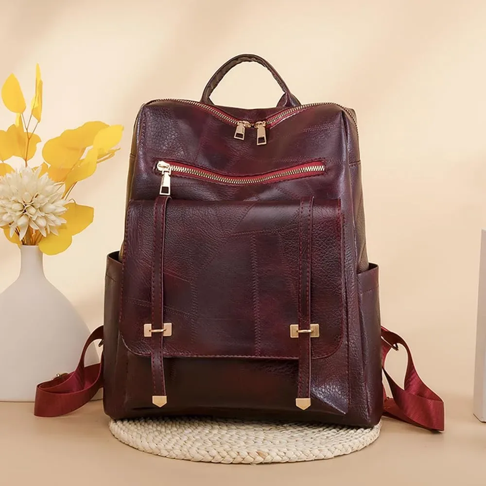 Sac à dos rétro en cuir synthétique pour femme Grenat - حقيبة ظهر نسائية من الجلد