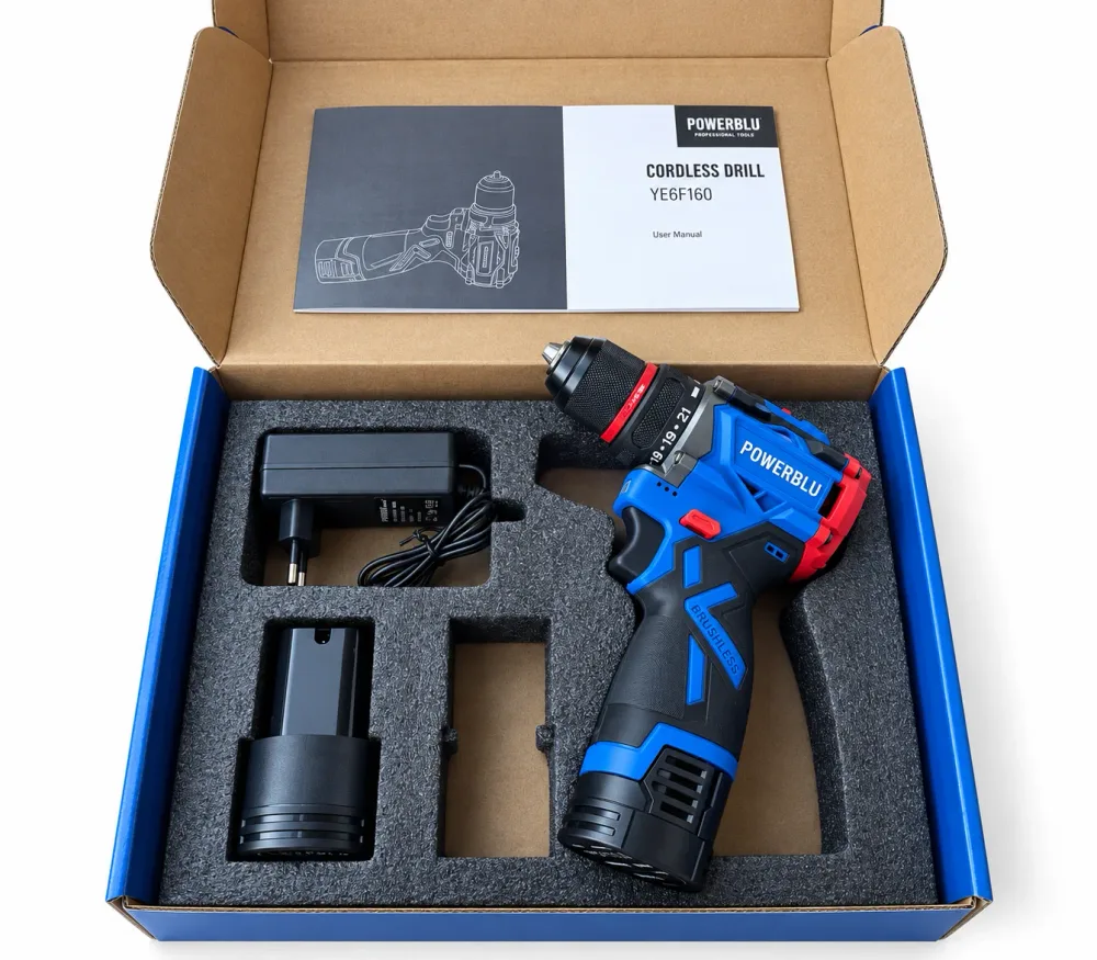 Visseuse perceuse Brushless sans fil 16.8V avec 2 batteries lithium-ion 2.0Ah YAE6160 POWERBLU
