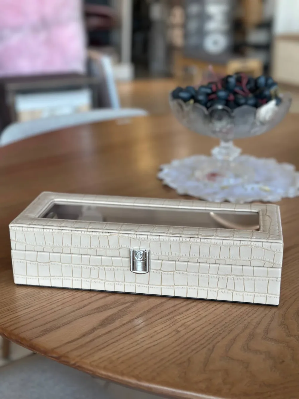 Coffret Organisateur Bijoux & Montres en Cuir Croco Beige