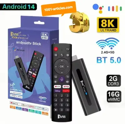 Smart StickTv, TV98 ATV, 5G, Android 14, 8K - Mini Clé TV, Google Tv, UltraHD.